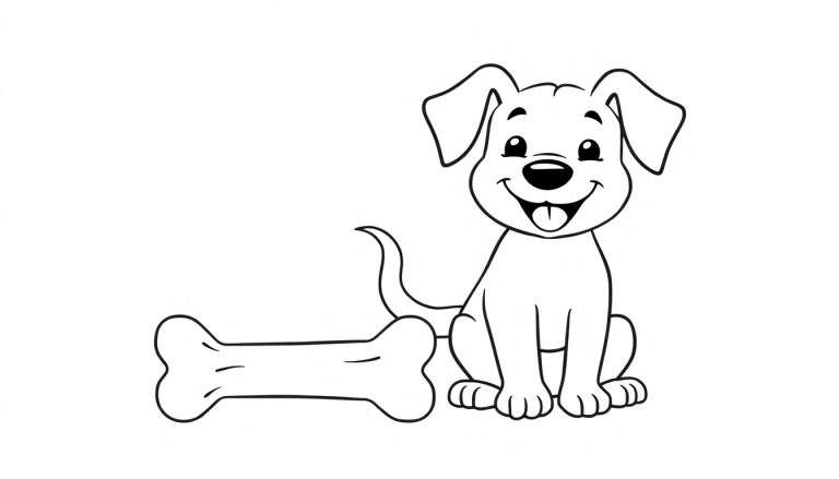 Placa de color para niños de un cachorro alegre sentado junto a un hueso.