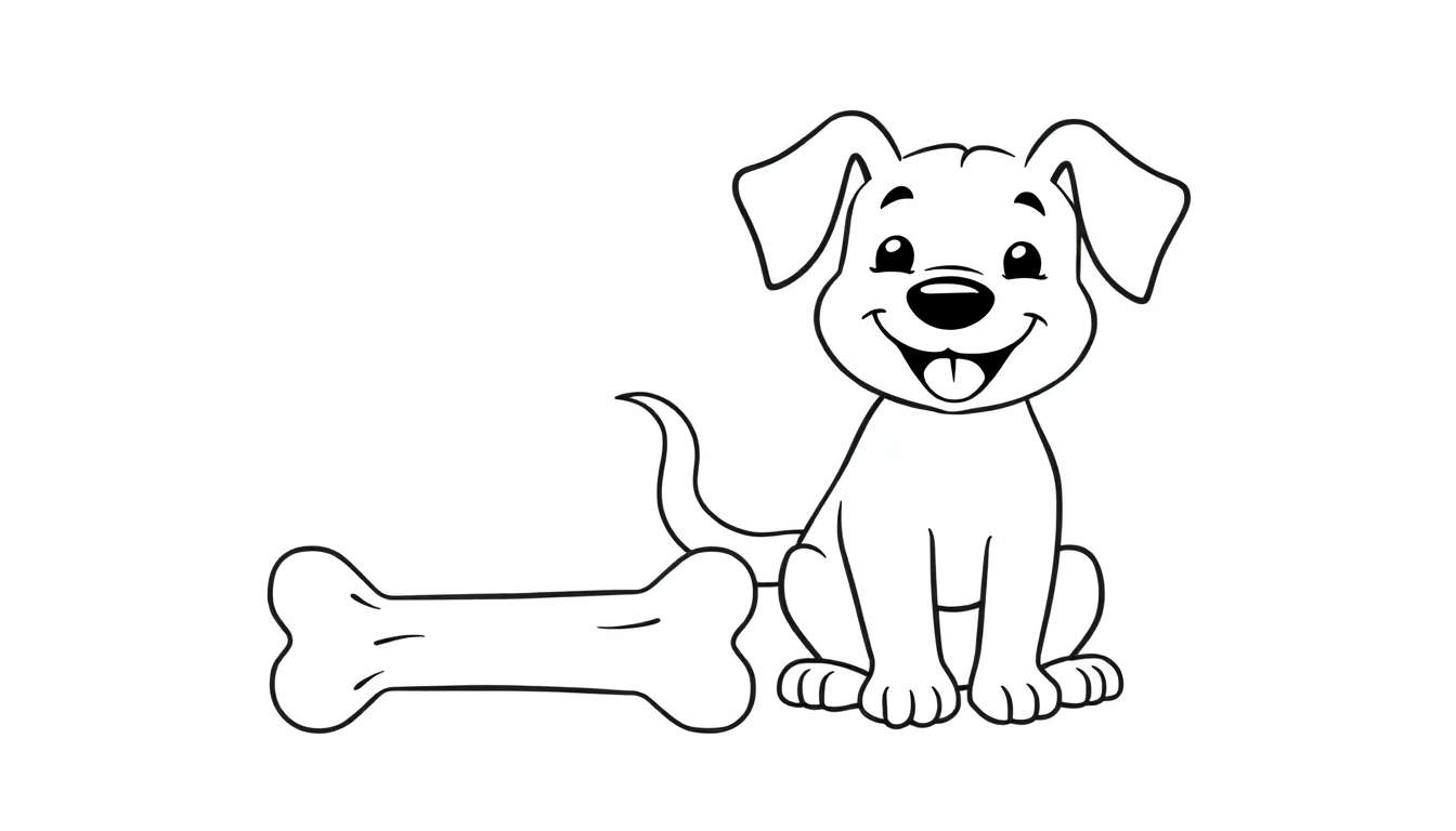 Placa de color para niños de un cachorro alegre sentado junto a un hueso.