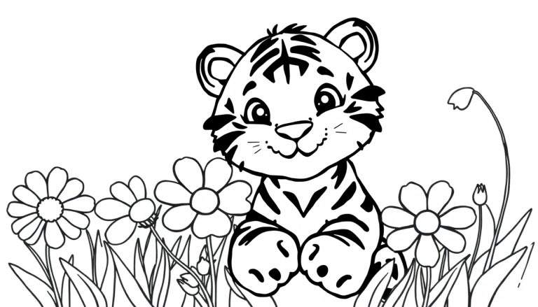 Placa de color de un cachorro de tigre amigable sentado entre flores.