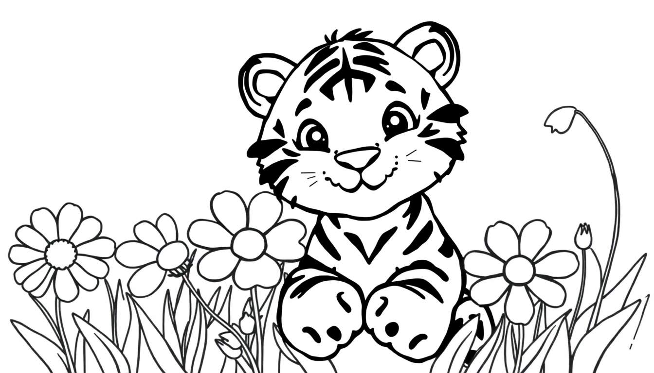 Placa de color de un cachorro de tigre amigable sentado entre flores.