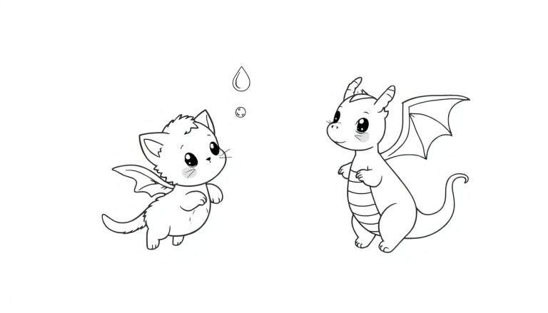 Placa de color: gato con alas de dragón mirando una gota de agua y burbujas junto a un pequeño dragón amistoso.