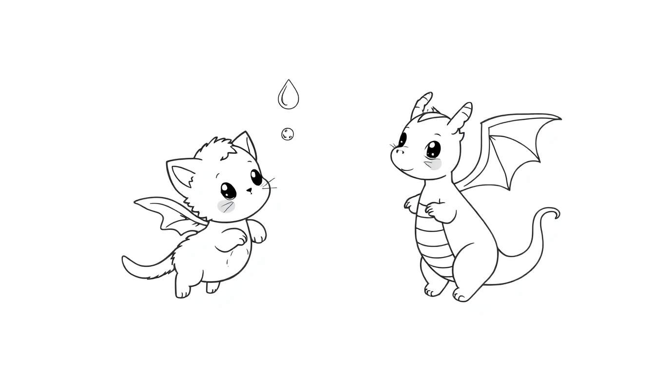 Placa de color: gato con alas de dragón mirando una gota de agua y burbujas junto a un pequeño dragón amistoso.