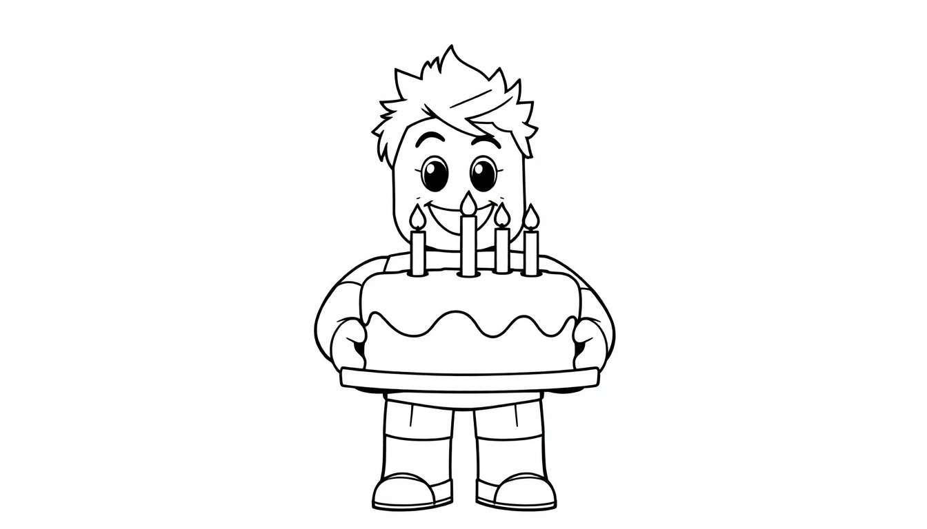 Placa de color de un personaje de dibujos animados con cabeza cuadrada, pelo puntiagudo y ojos grandes, sonriendo y sosteniendo un pastel de cumpleaños con cuatro velas encendidas.