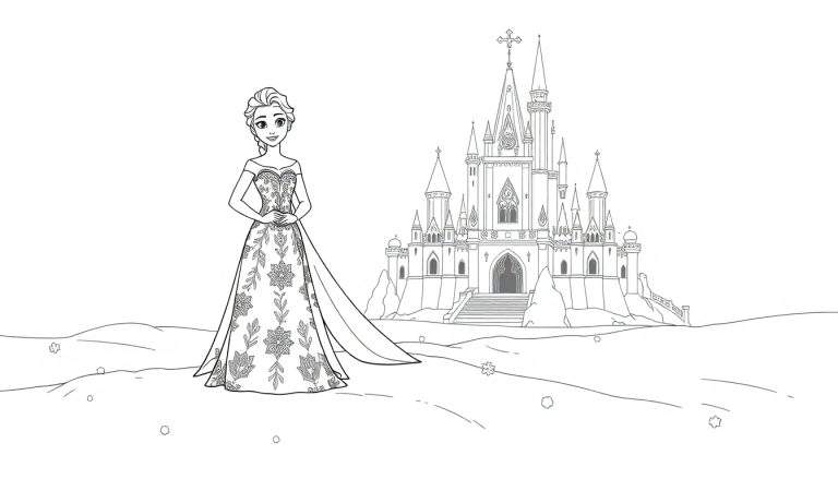 Elsa del dibujo de la placa de color con su vestido de hielo frente a un castillo de hielo, rodeada de nieve.