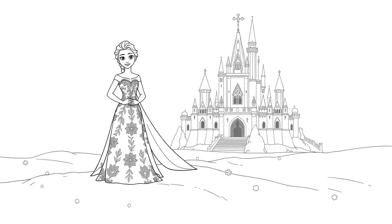 Elsa del dibujo de la placa de color con su vestido de hielo frente a un castillo de hielo, rodeada de nieve.