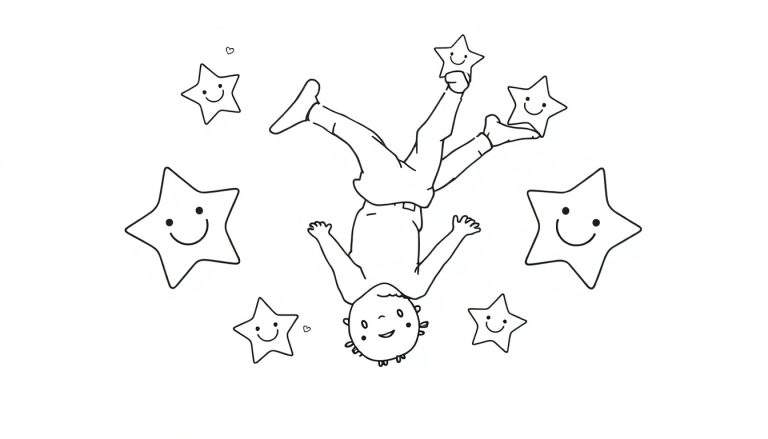 Placa de color para niños con un niño boca abajo rodeado de estrellas sonrientes.