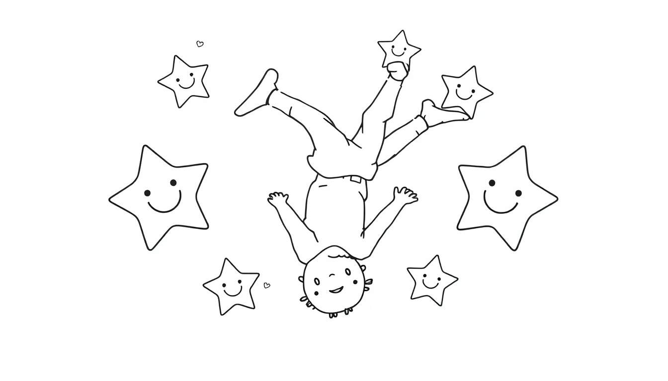 Placa de color para niños con un niño boca abajo rodeado de estrellas sonrientes.