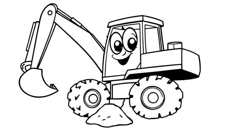 Una excavadora de dibujos animados amigable lista para cavar, una imagen para colorear en blanco y negro con una placa de color.