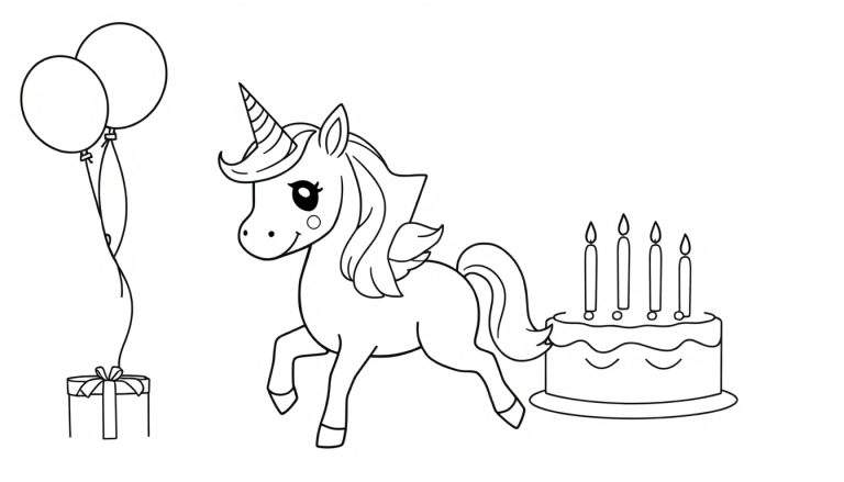 Placa de color de un unicornio de cumpleaños con globos y pastel.