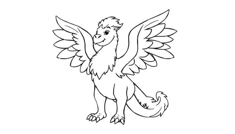 Ilustración de un grifo amigable para colorear en blanco y negro con alas extendidas y cola esponjosa, listo para una placa de color.