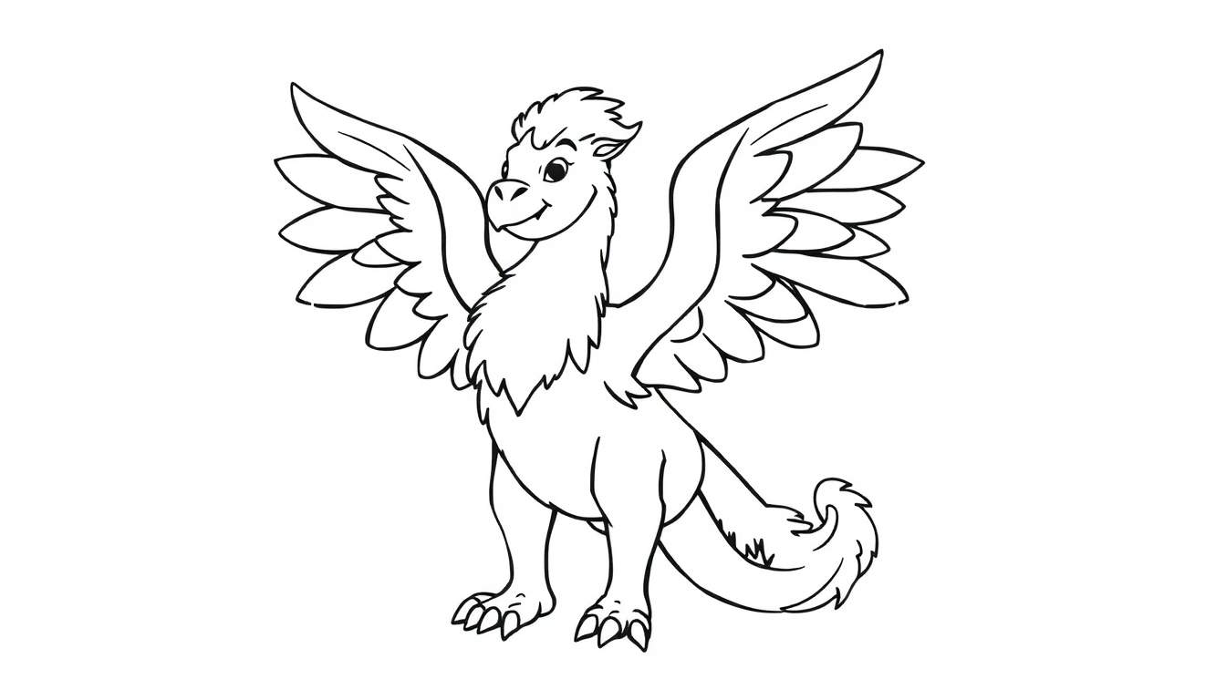 Ilustración de un grifo amigable para colorear en blanco y negro con alas extendidas y cola esponjosa, listo para una placa de color.