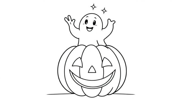 Una placa de color con un fantasma amigable en una calabaza.