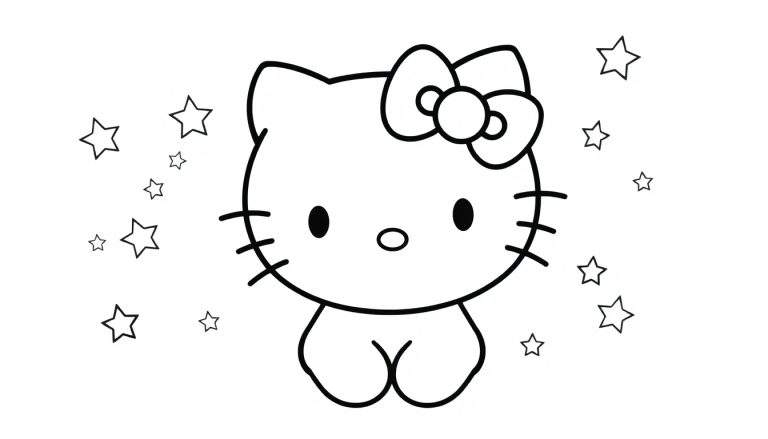 Placa de color de Hello Kitty sonriendo con estrellas.