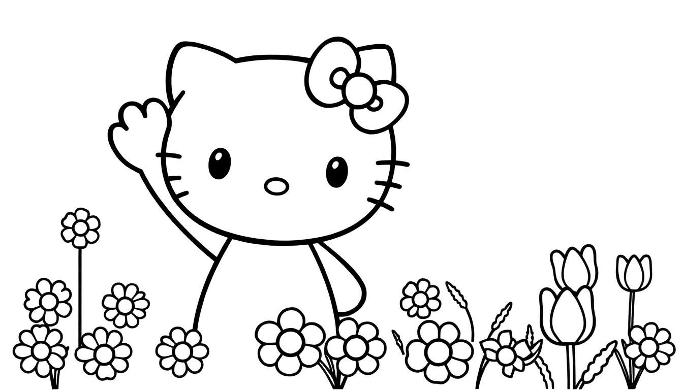 Placa de color de Hello Kitty saludando rodeada de flores.