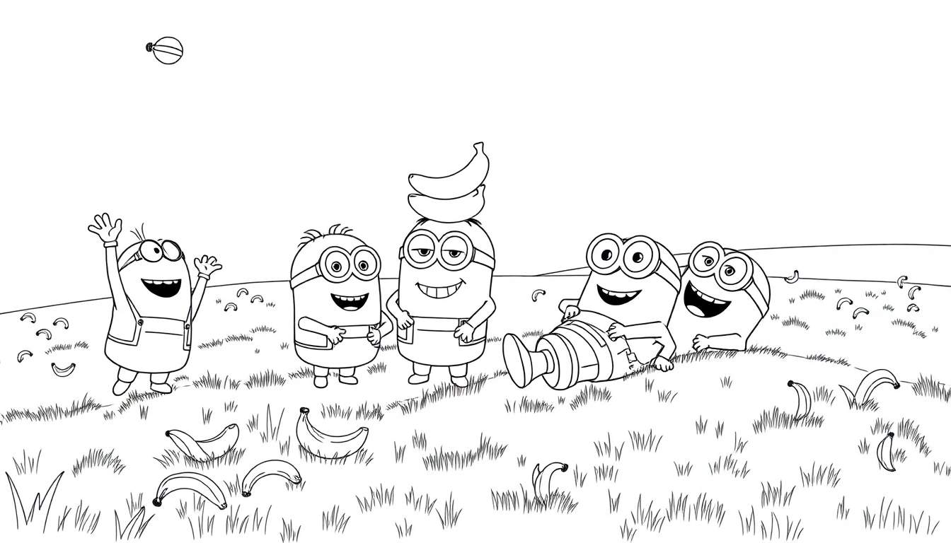 Placa de color con Minions jugando entre plátanos.