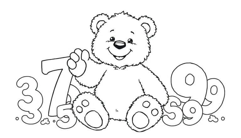 Placa de color de un oso de peluche sonriente sentado con las piernas cruzadas y rodeado de números.