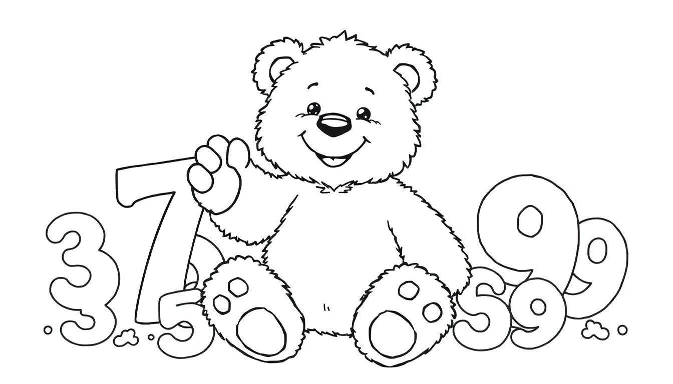 Placa de color de un oso de peluche sonriente sentado con las piernas cruzadas y rodeado de números.