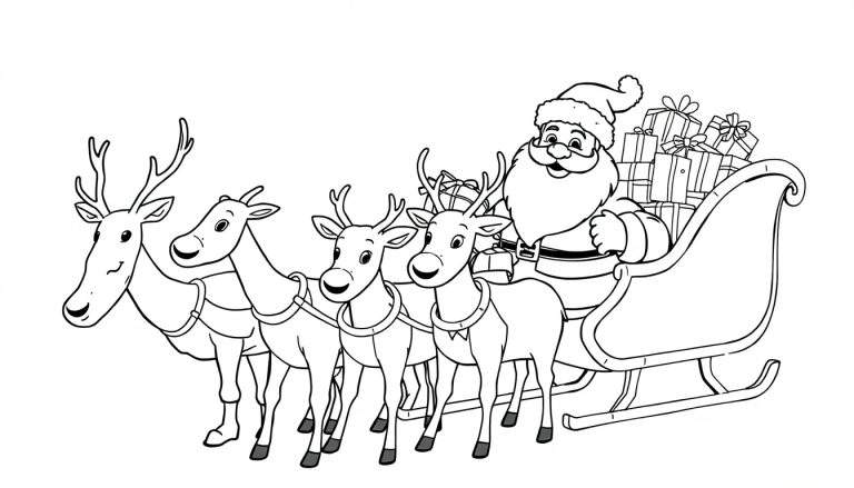 Dibujo en blanco y negro de la placa de color de Papá Noel en su trineo con renos.