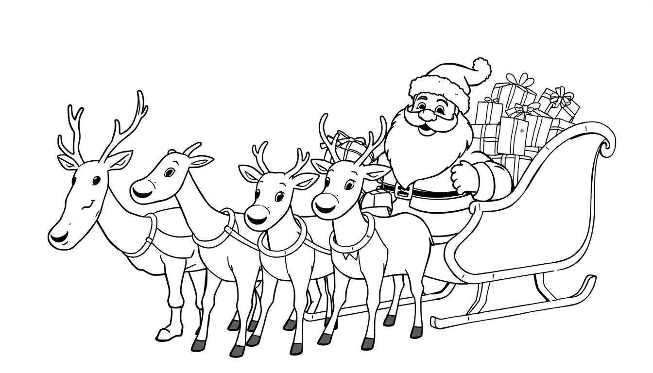 Dibujo en blanco y negro de la placa de color de Papá Noel en su trineo con renos.