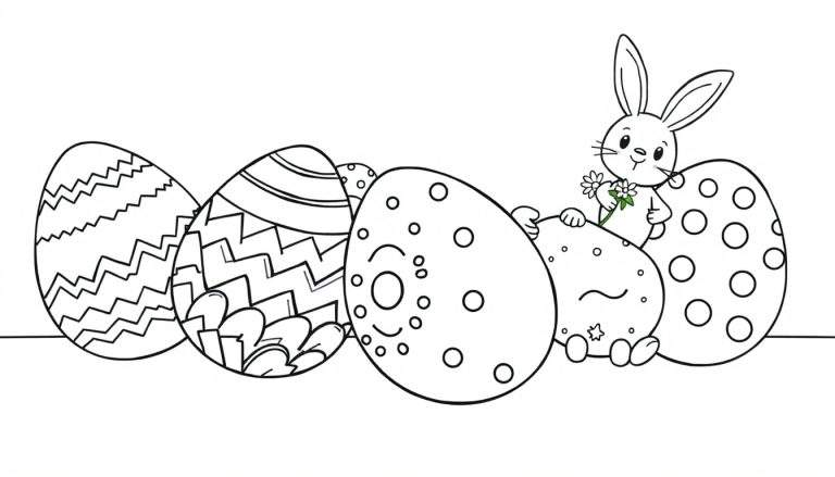 Placa de color con huevos de Pascua y conejito para colorear.