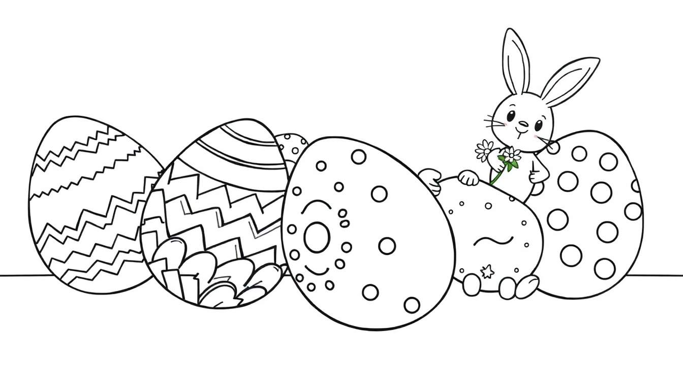 Placa de color con huevos de Pascua y conejito para colorear.