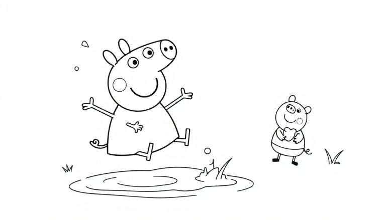 Placa de color de Peppa Pig saltando sobre un charco y otro cerdo con un corazón.