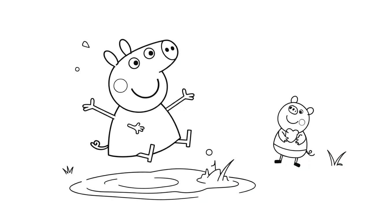 Placa de color de Peppa Pig saltando sobre un charco y otro cerdo con un corazón.