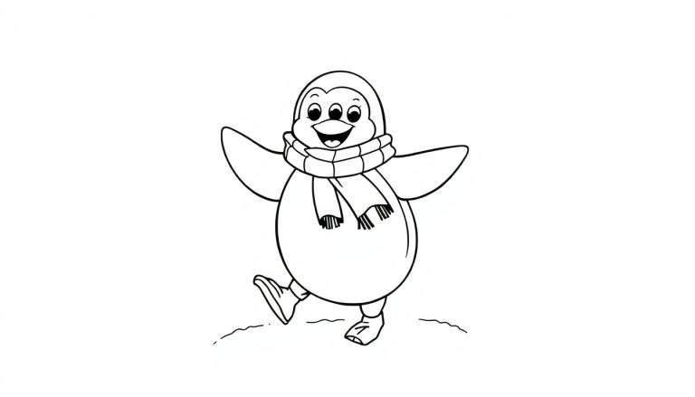 Una placa de color de un pingüino de dibujos animados bailando felizmente sobre la nieve con una bufanda.