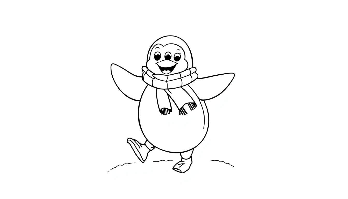Una placa de color de un pingüino de dibujos animados bailando felizmente sobre la nieve con una bufanda.