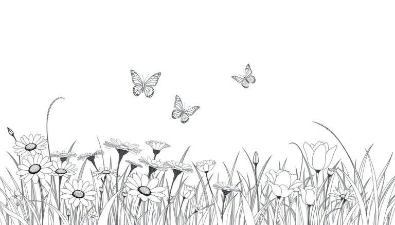 Placa de color para colorear de un campo de flores primaverales con mariposas.