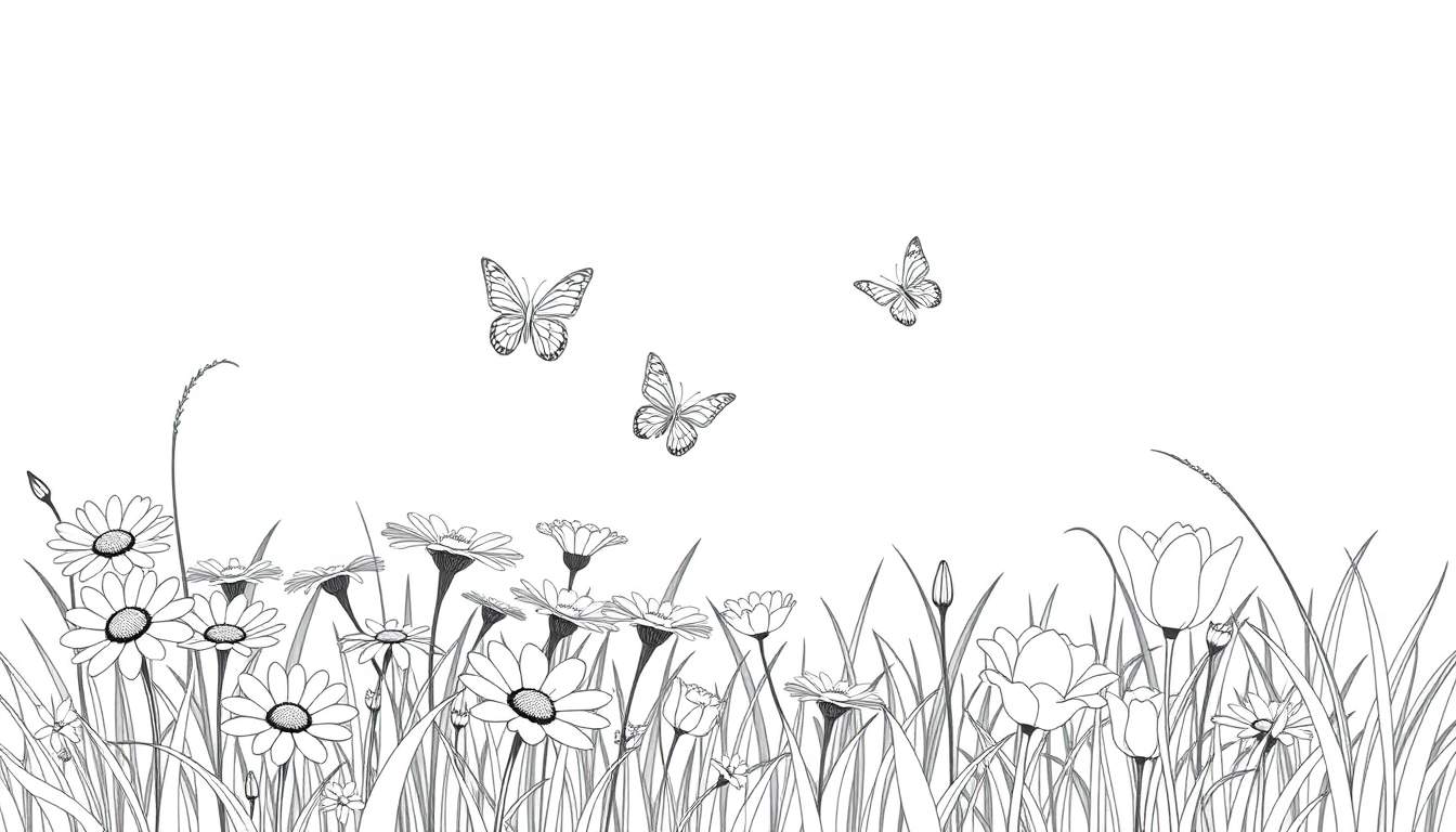 Placa de color para colorear de un campo de flores primaverales con mariposas.