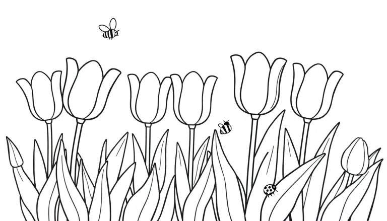 Placa de color de tulipanes alegres con una abeja y una mariquita.