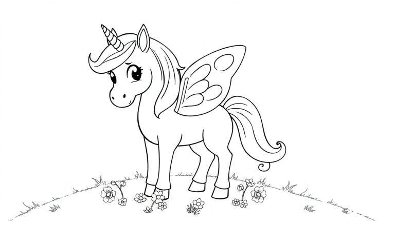 Placa de color de unicornio alado con melena brillante y alas de mariposa.