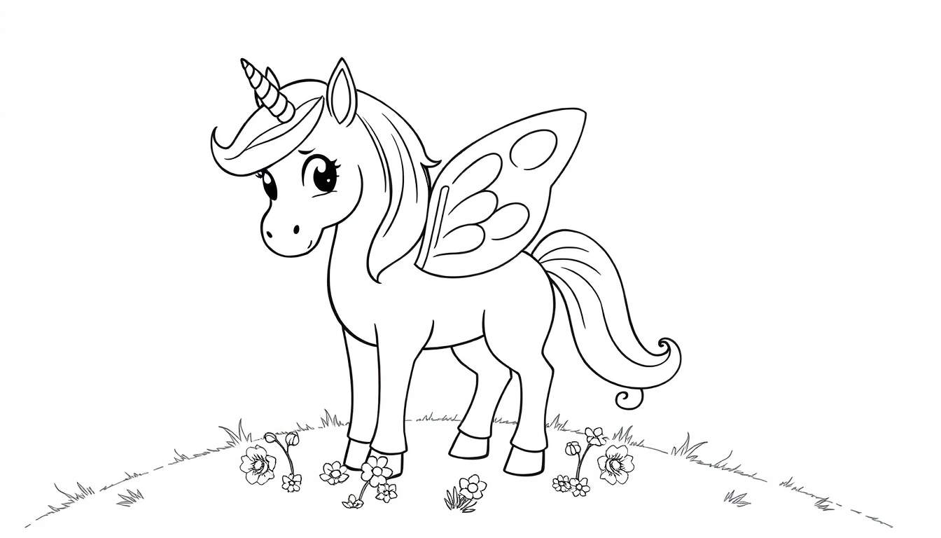 Placa de color de unicornio alado con melena brillante y alas de mariposa.