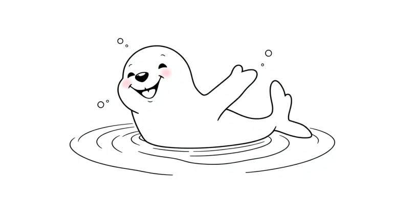 Una placa de color para colorear de una foca sonriente jugando en el agua con burbujas.