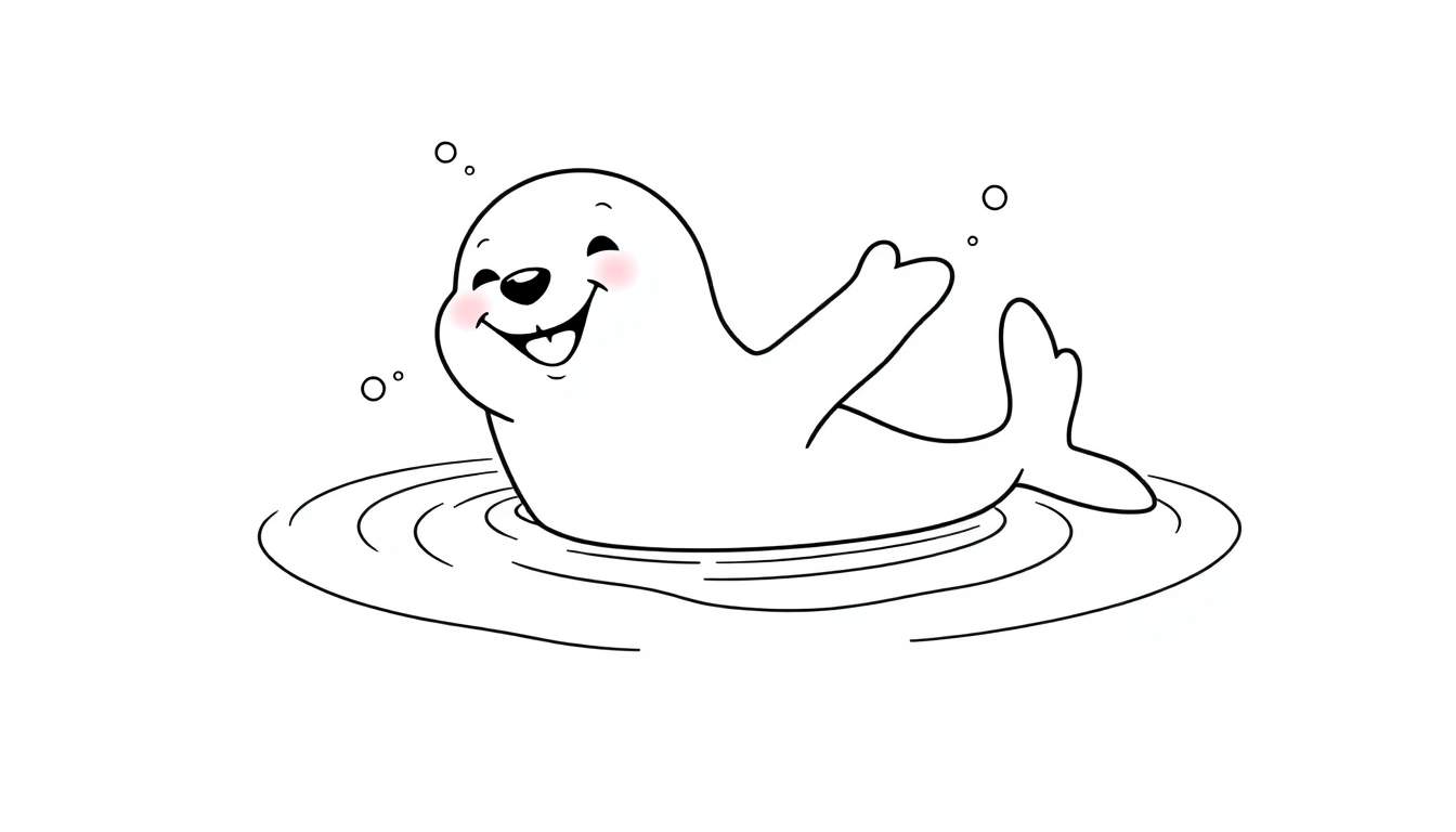 Una placa de color para colorear de una foca sonriente jugando en el agua con burbujas.