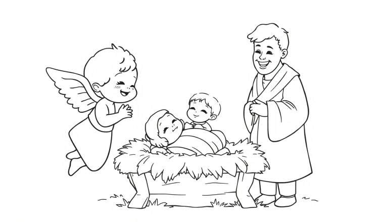 Placa de color de un tierno angelito cantando junto al pesebre con María y José.