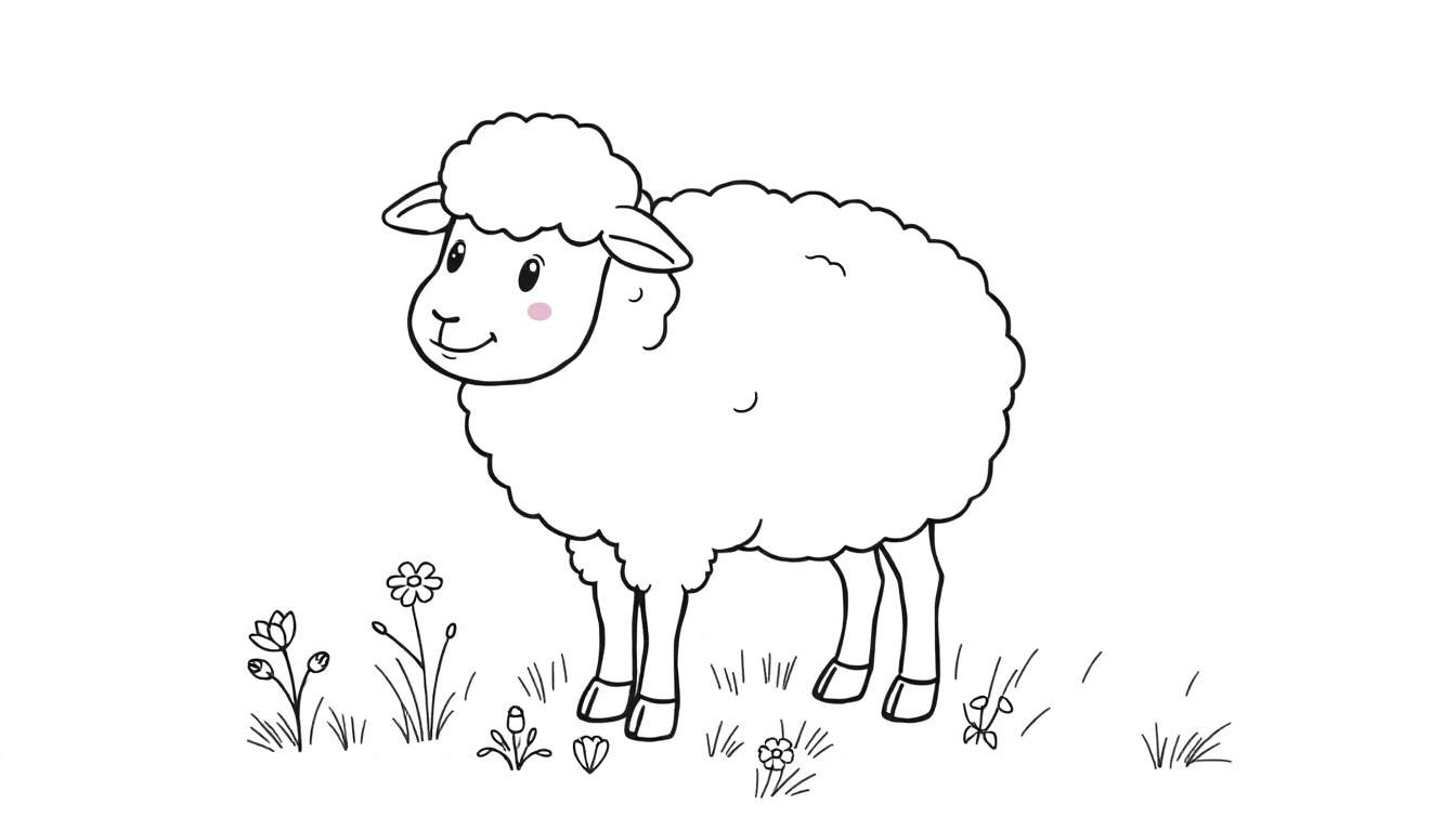 Placa de color de una oveja sonriente en un campo.