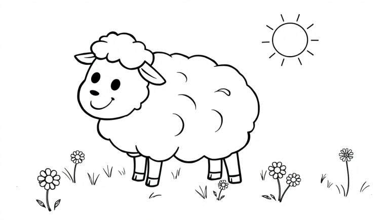 Una ovejita lanuda y sonriente en una placa de color, lista para colorear.