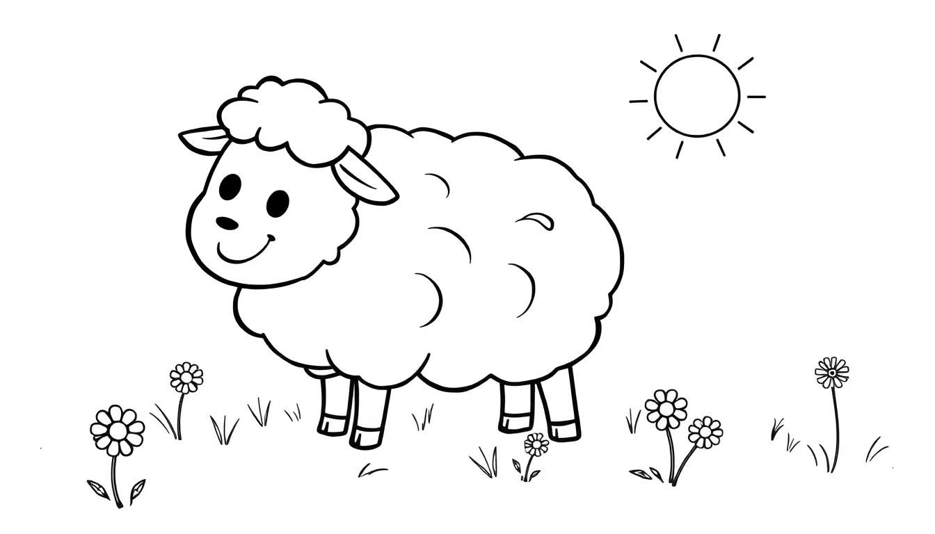 Una ovejita lanuda y sonriente en una placa de color, lista para colorear.