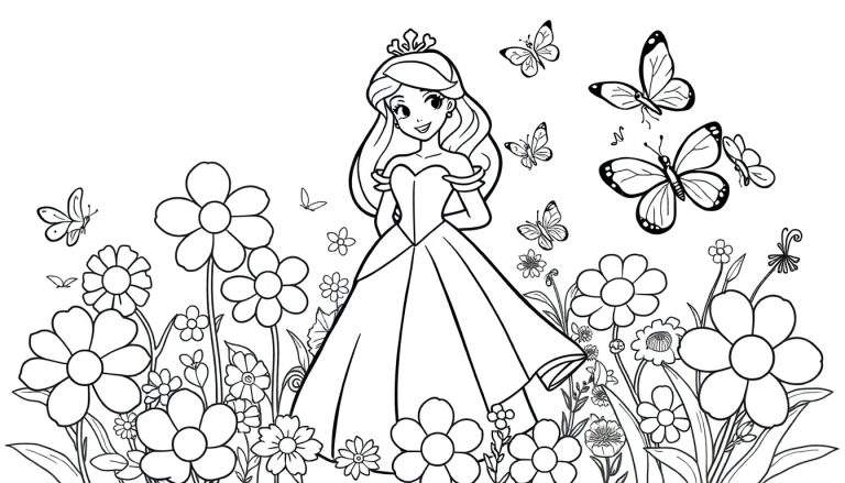 Placa de color: Princesa de Disney rodeada de flores y mariposas.