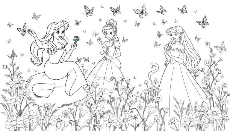 Placa de color con dibujos lineales de Ariel, Bella y Cenicienta en un jardín con flores y mariposas.