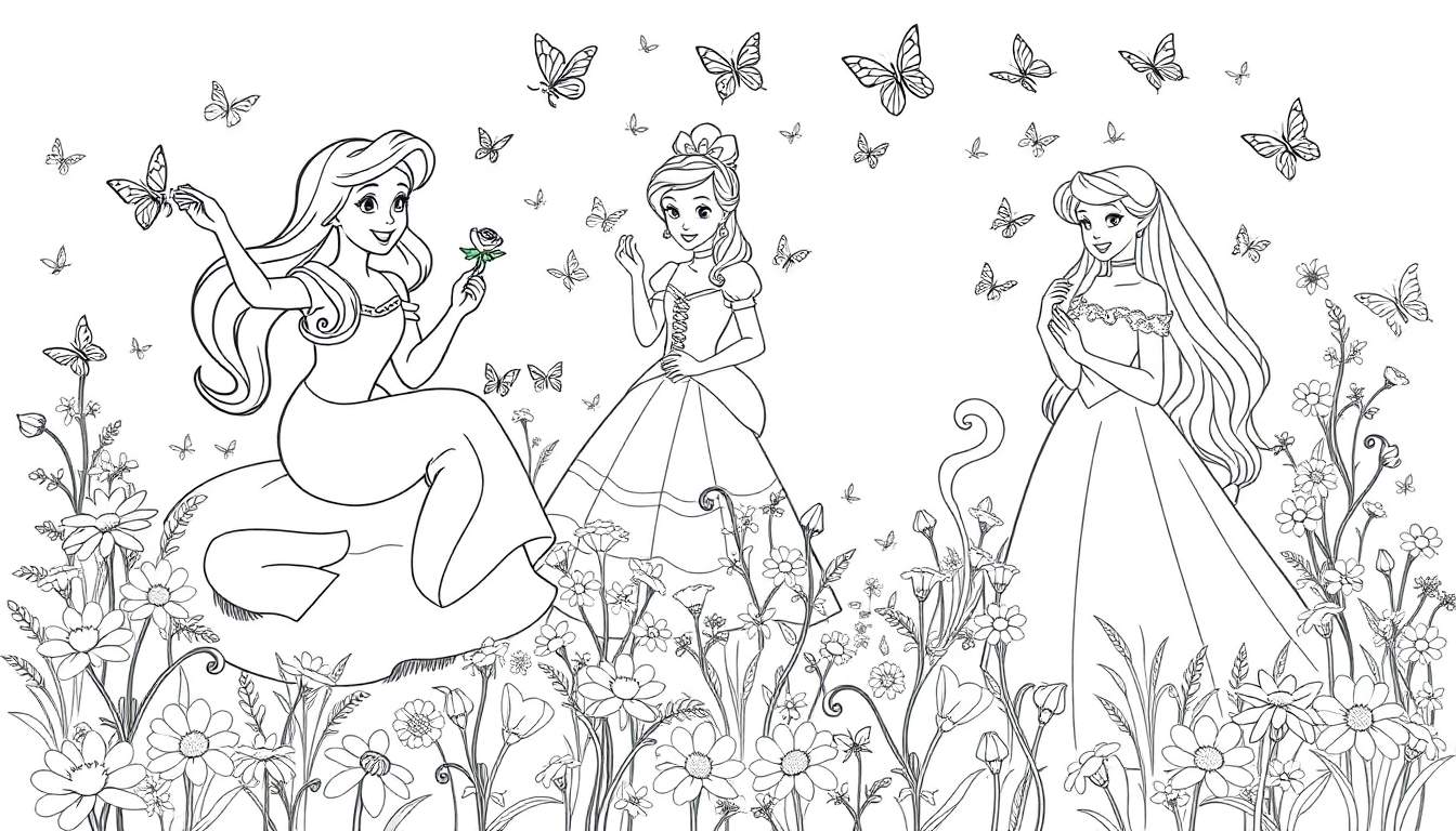 Placa de color con dibujos lineales de Ariel, Bella y Cenicienta en un jardín con flores y mariposas.