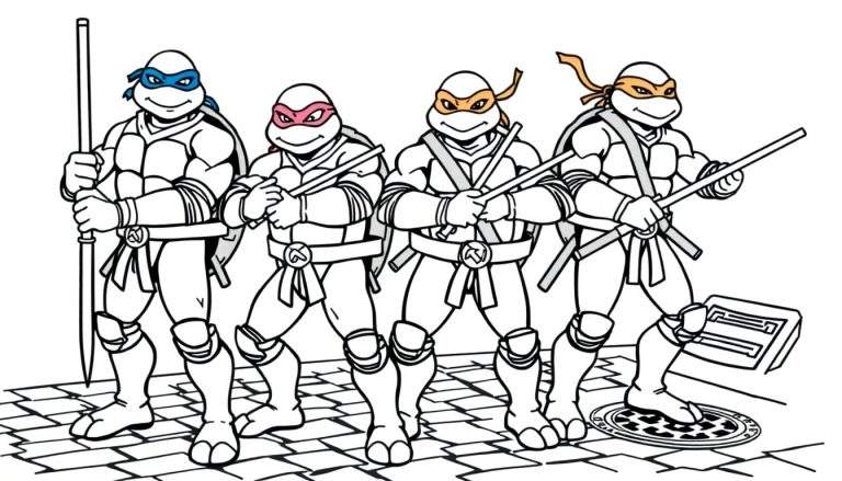 Placa de color de las Tortugas Ninja con sus armas.
