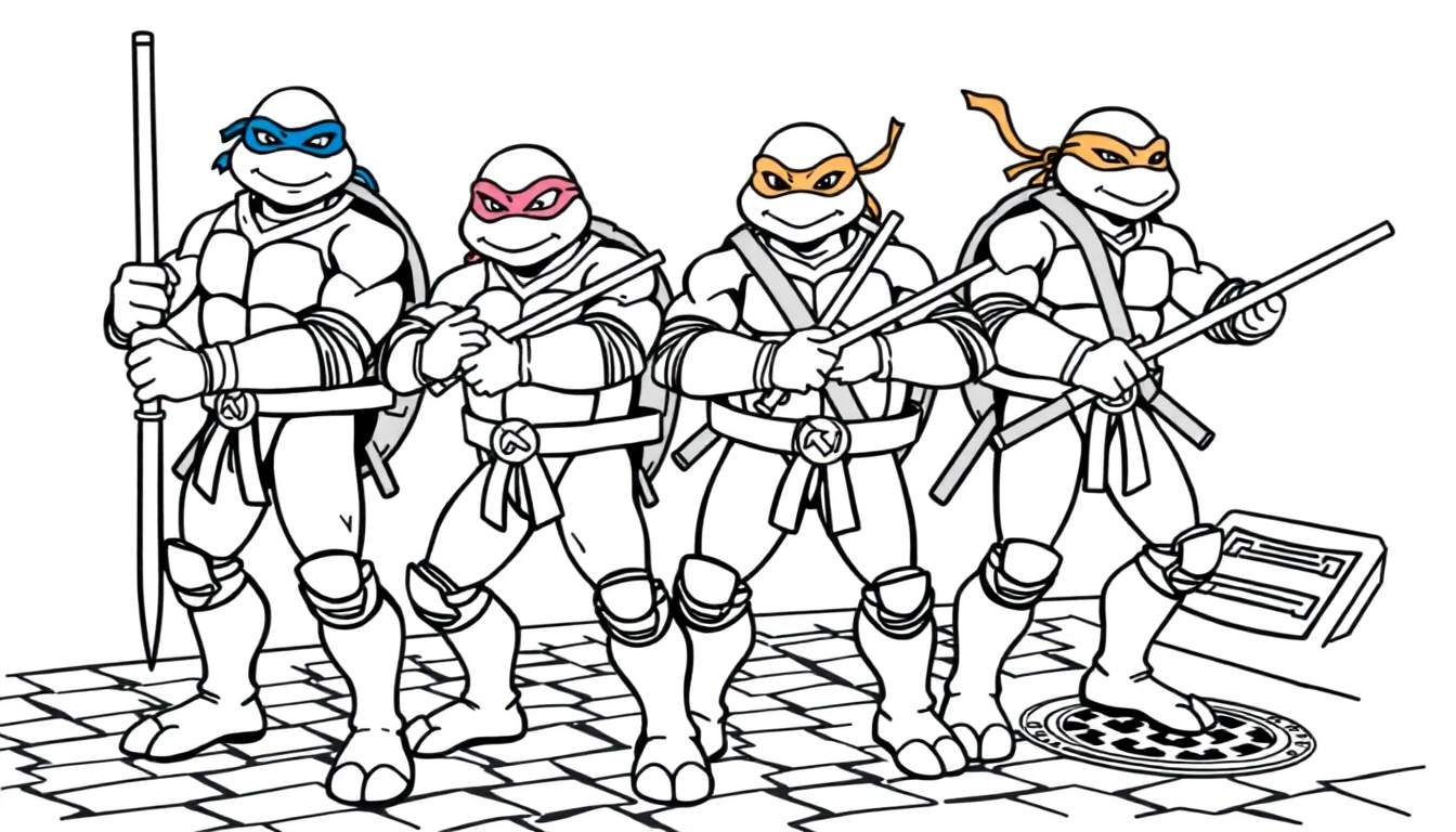 Placa de color de las Tortugas Ninja con sus armas.