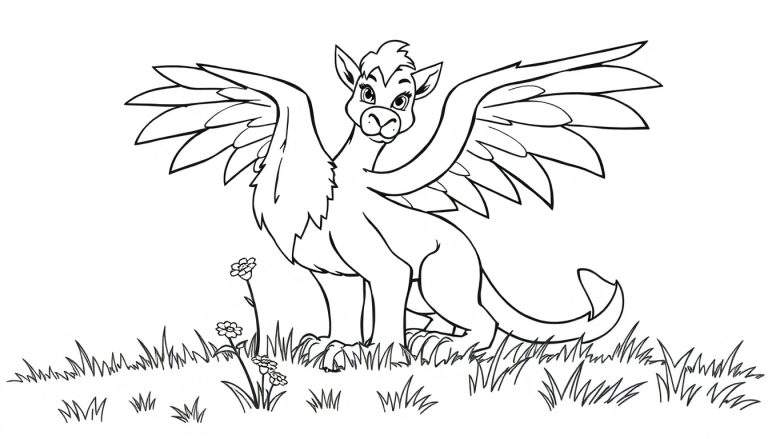 Un grifo caricaturesco para colorear, con cabeza y alas de águila y cuerpo de león, sobre un parche de hierba con flores.