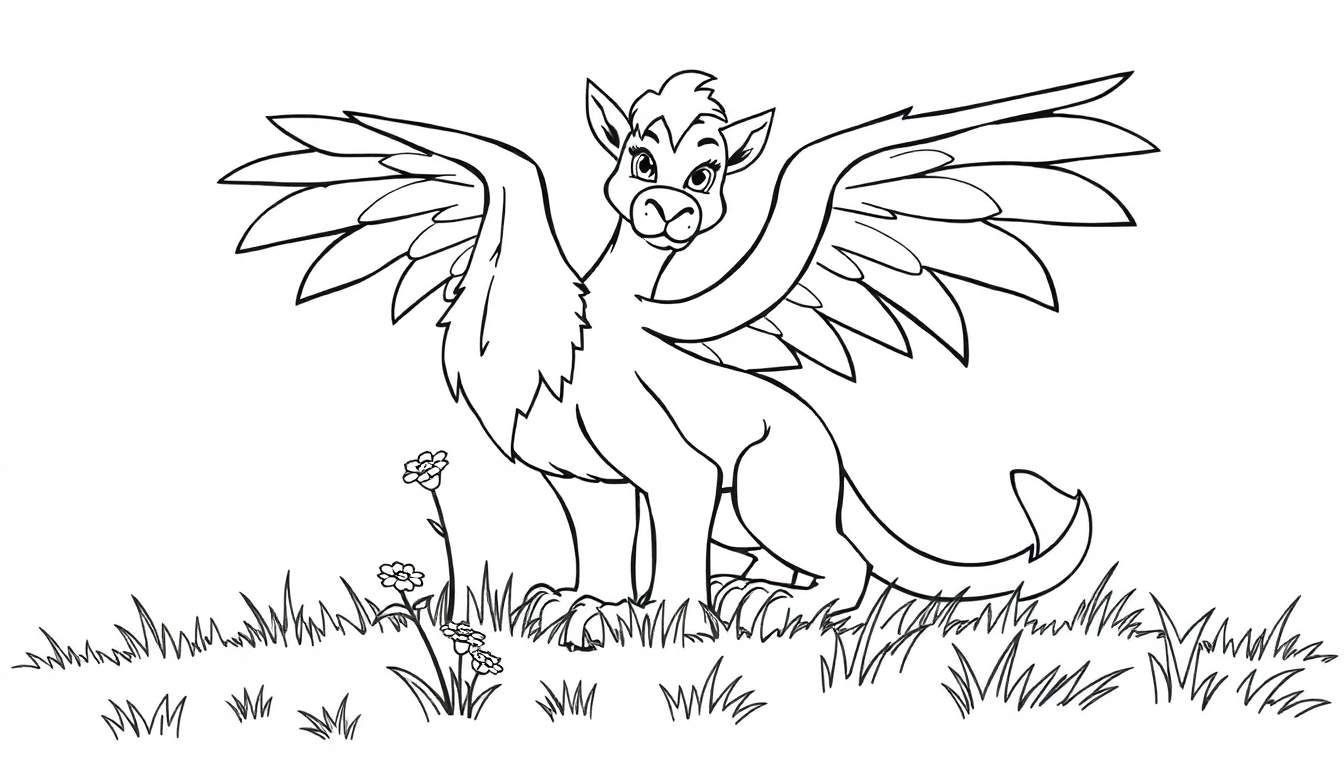 Un grifo caricaturesco para colorear, con cabeza y alas de águila y cuerpo de león, sobre un parche de hierba con flores.