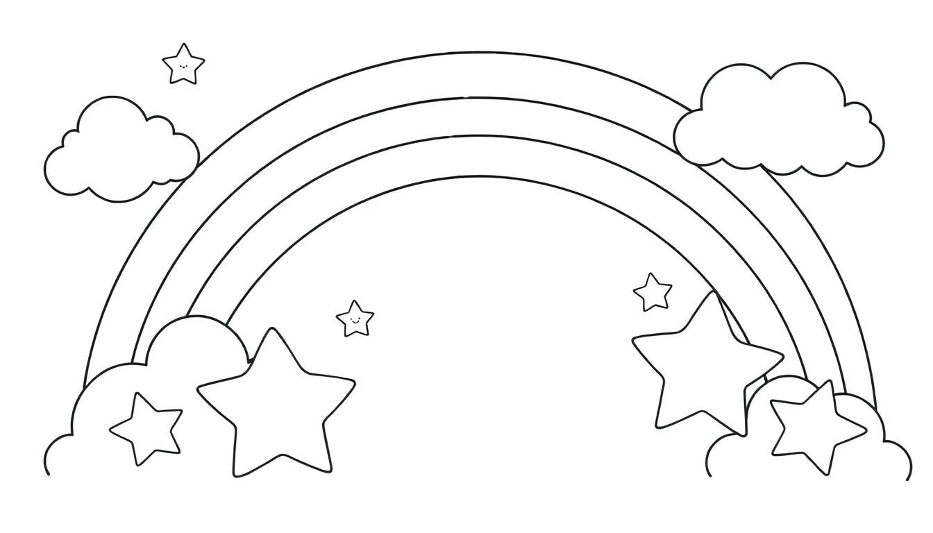 Placa de color de un arco iris, nubes y estrellas sonrientes.