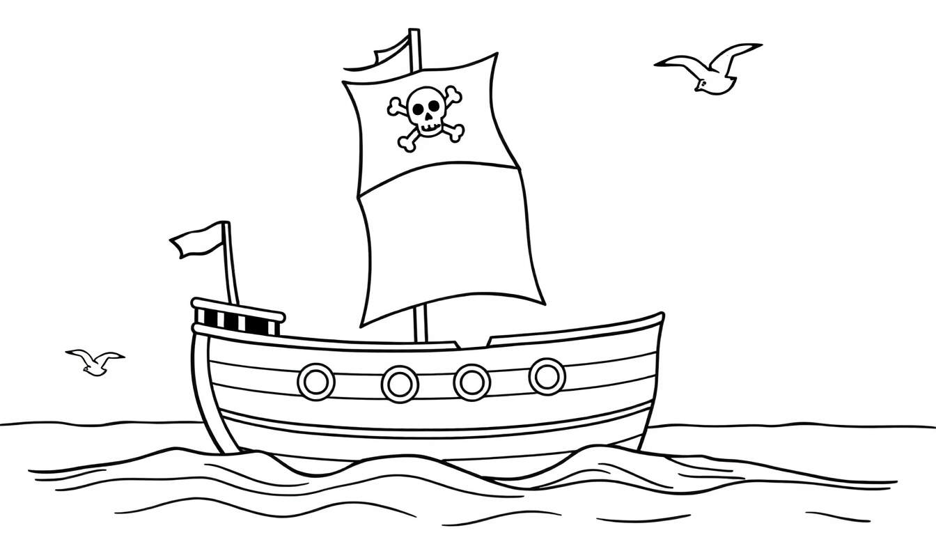Placa de color de un barco pirata con bandera de calavera y tiburones. Placa de color para colorear.