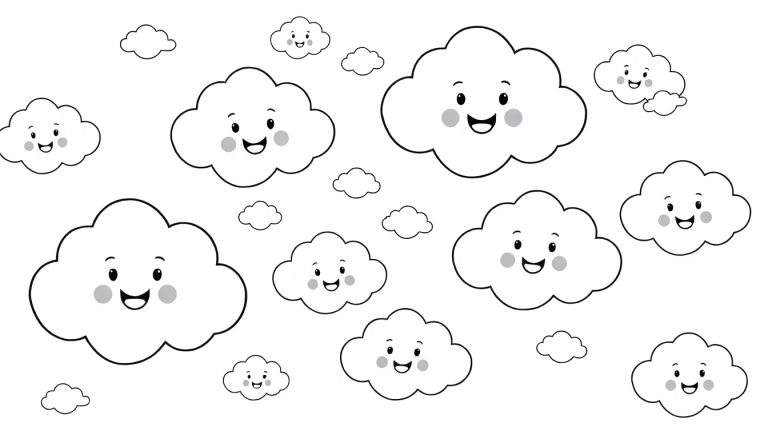 Placa de color de nubes de dibujos animados sonrientes y listas para colorear.